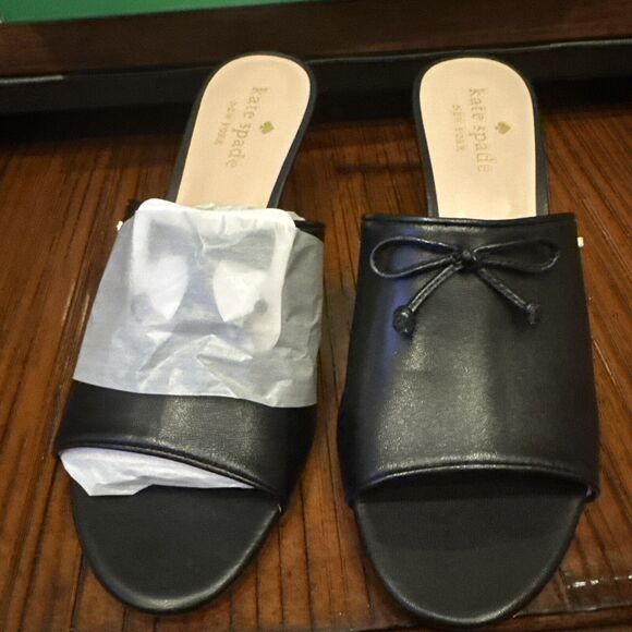 Kate Spade Size 8 Leather Black Stassi Bow Mules Black Heels New Nordstrom - Picture 5 of 11